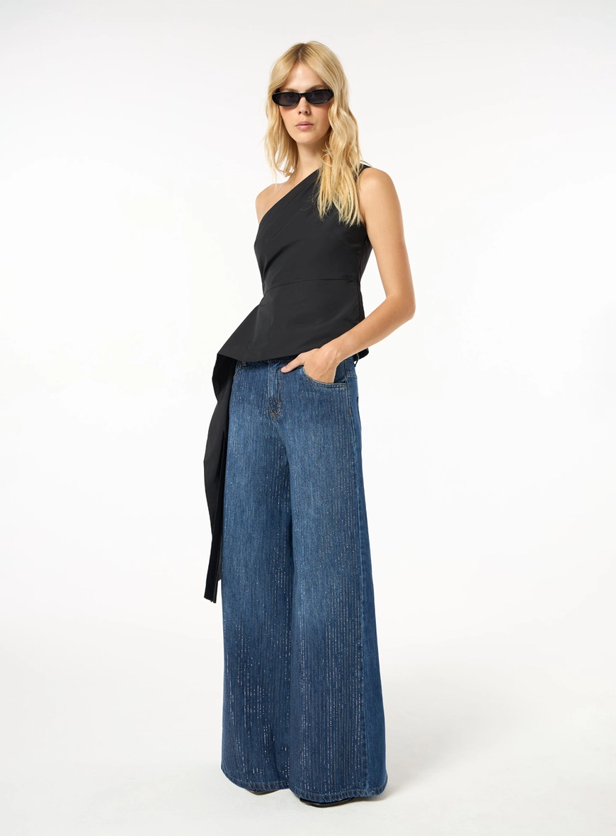 Calça Jeans Wide Leg Strass - Azul