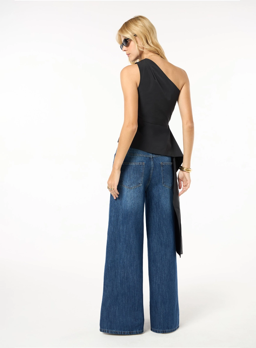 Calça Jeans Wide Leg Strass - Azul