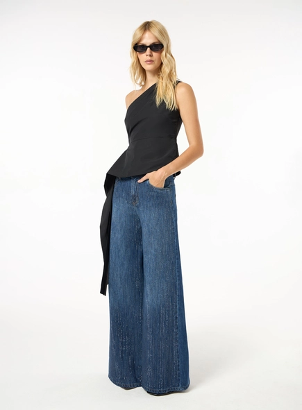 Calça Jeans Wide Leg Strass - Azul