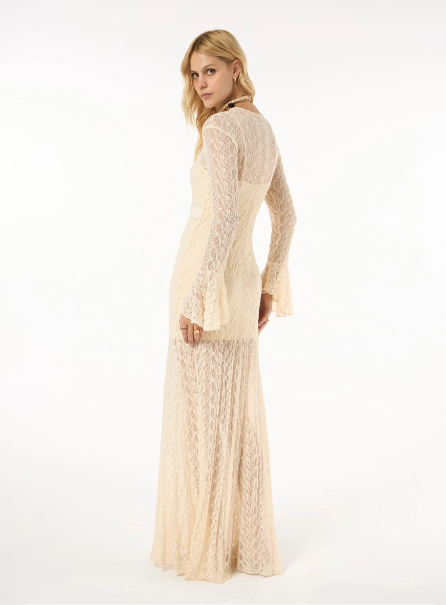 Vestido Renda Manga Longa - Bege