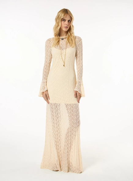 Vestido Renda Manga Longa - Bege