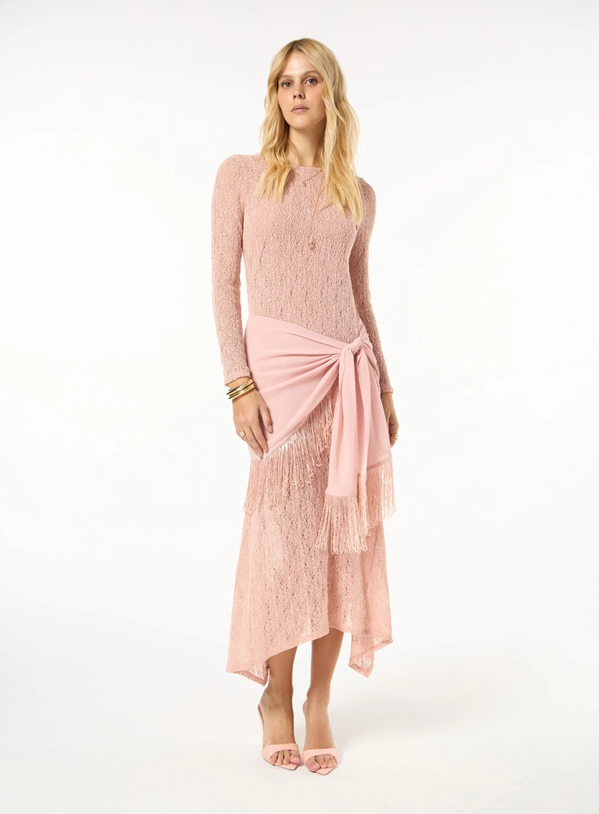 Vestido Midi Renda Manga Longa - Rosa