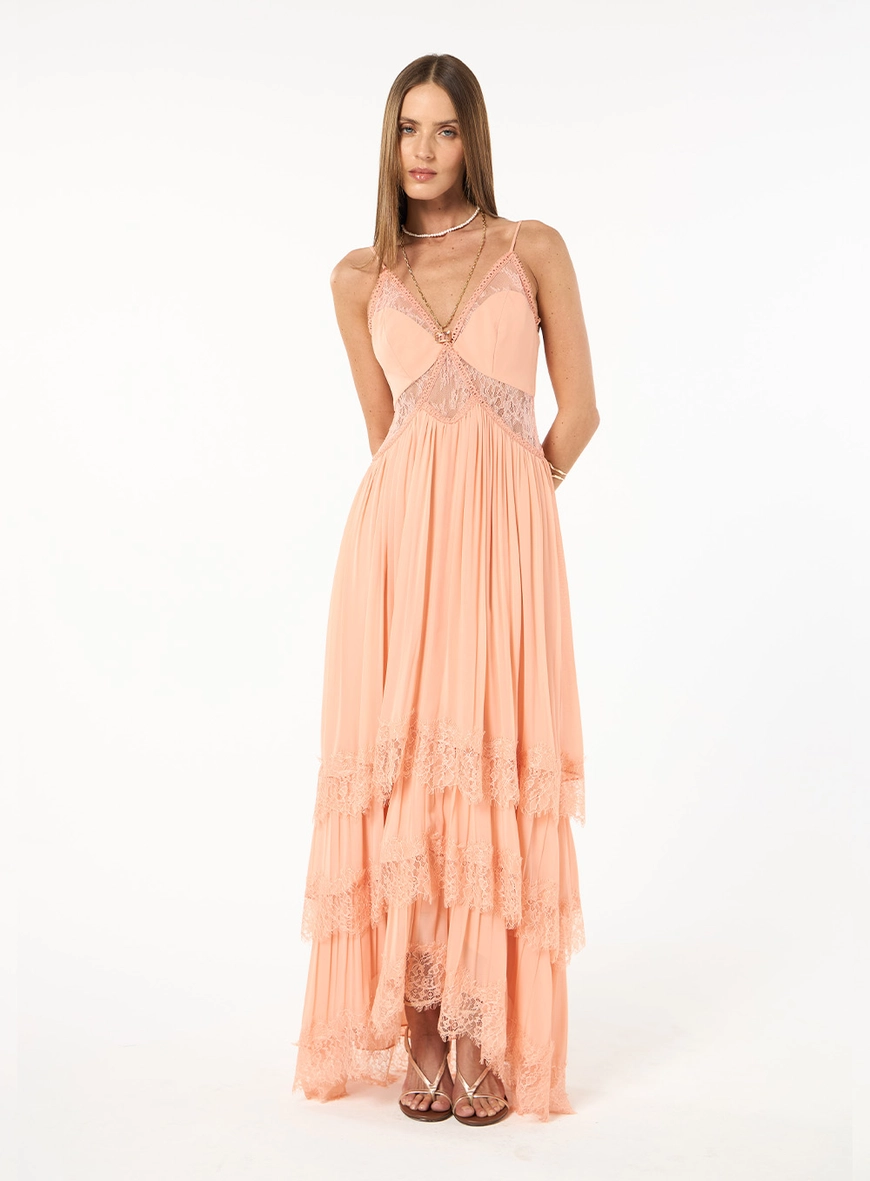 Vestido Longo Crepe Camadas - Rosa