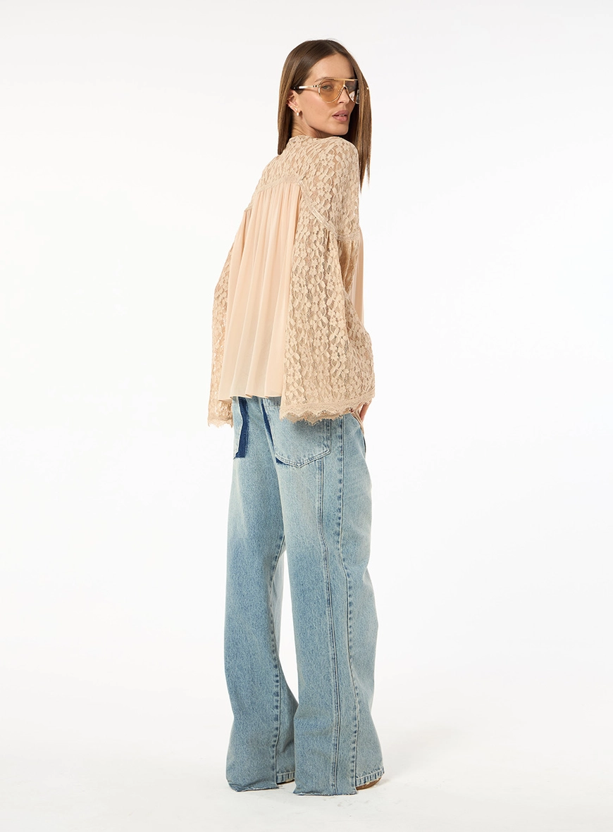 Blusa Manga Longa Renda - Areia