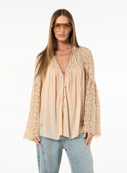 Blusa Manga Longa Renda - Areia