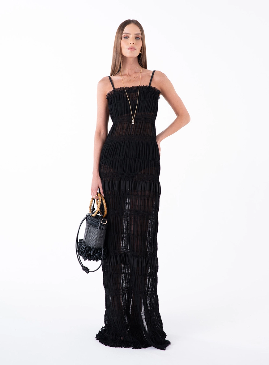 Vestido Longo Tule Franzido - Preto