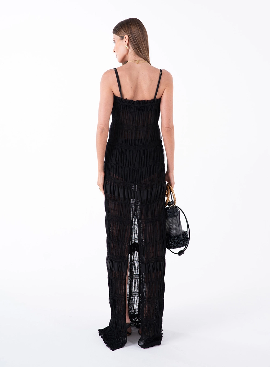 Vestido Longo Tule Franzido - Preto