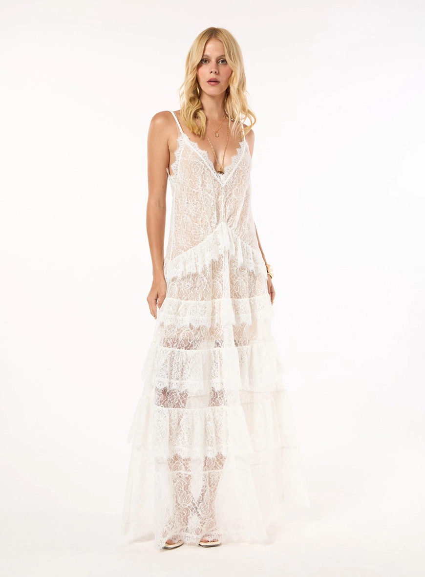 Vestido Longo Babados Renda - Off White