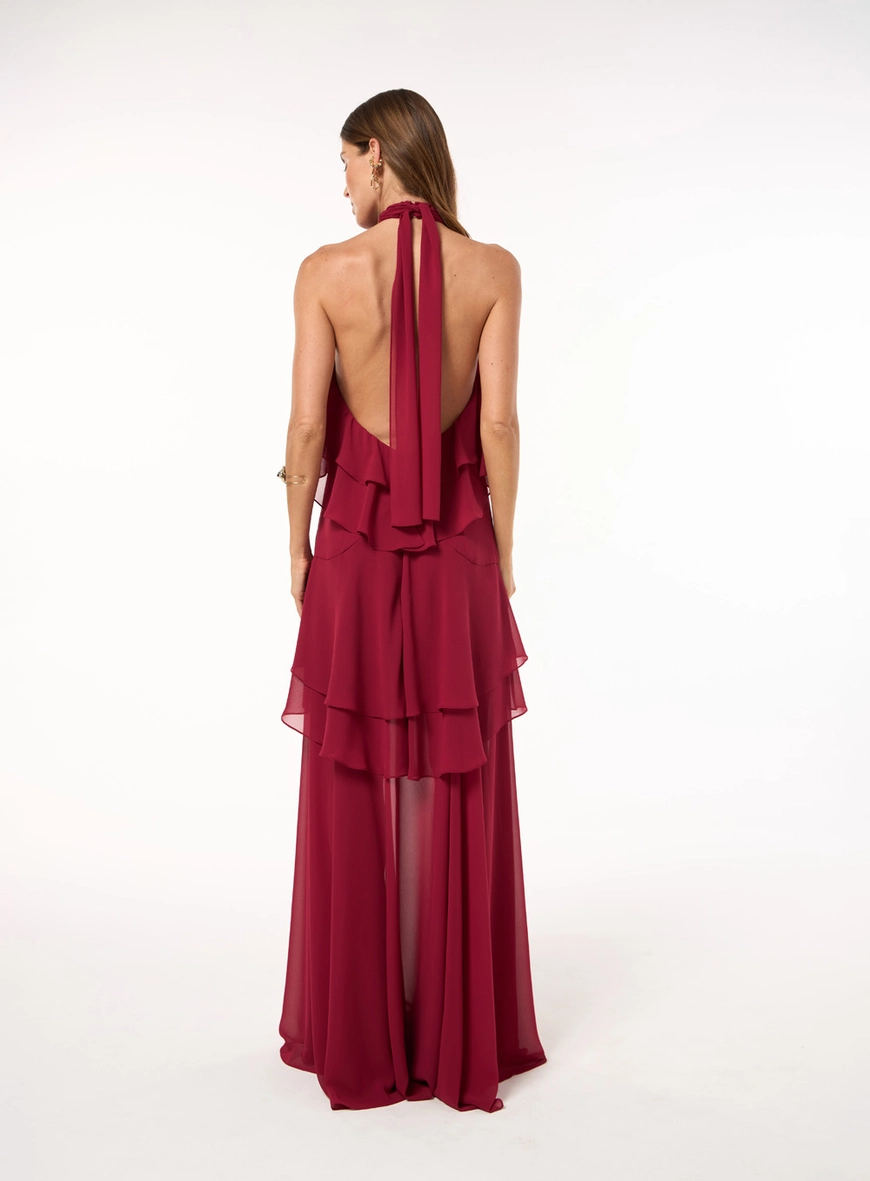 Vestido Longo Chiffon Camadas - Carmim