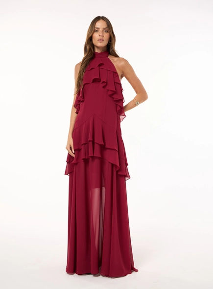 Vestido Longo Chiffon Camadas - Carmim