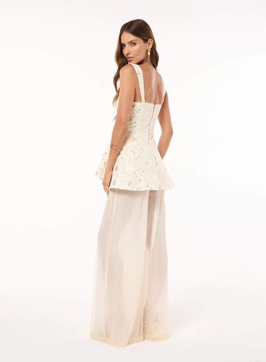 Conjunto Bordado Blusa E Calça - Bege