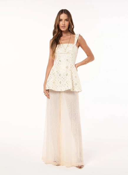 Conjunto Bordado Blusa E Calça - Bege